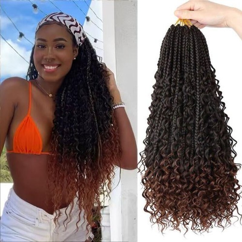 Goddess Box Braids Crochet Hair 18 inch Boho Box Braids 8 Packs Crochet Box Braids Curly Ends Crochet Hair Pre-looped Bohomian Box Braid Crochet Hair for Black Women T30