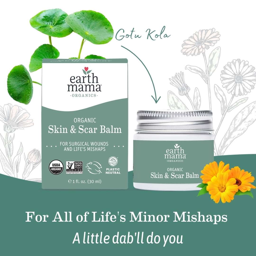 Earth Mama Organic Skin & Scar Balm |C-Section Recovery Skin Care, Pregnancy Stretch Mark Scar Cream with Organic Jojoba Oil, Tamanu Oil & Gotu Kola