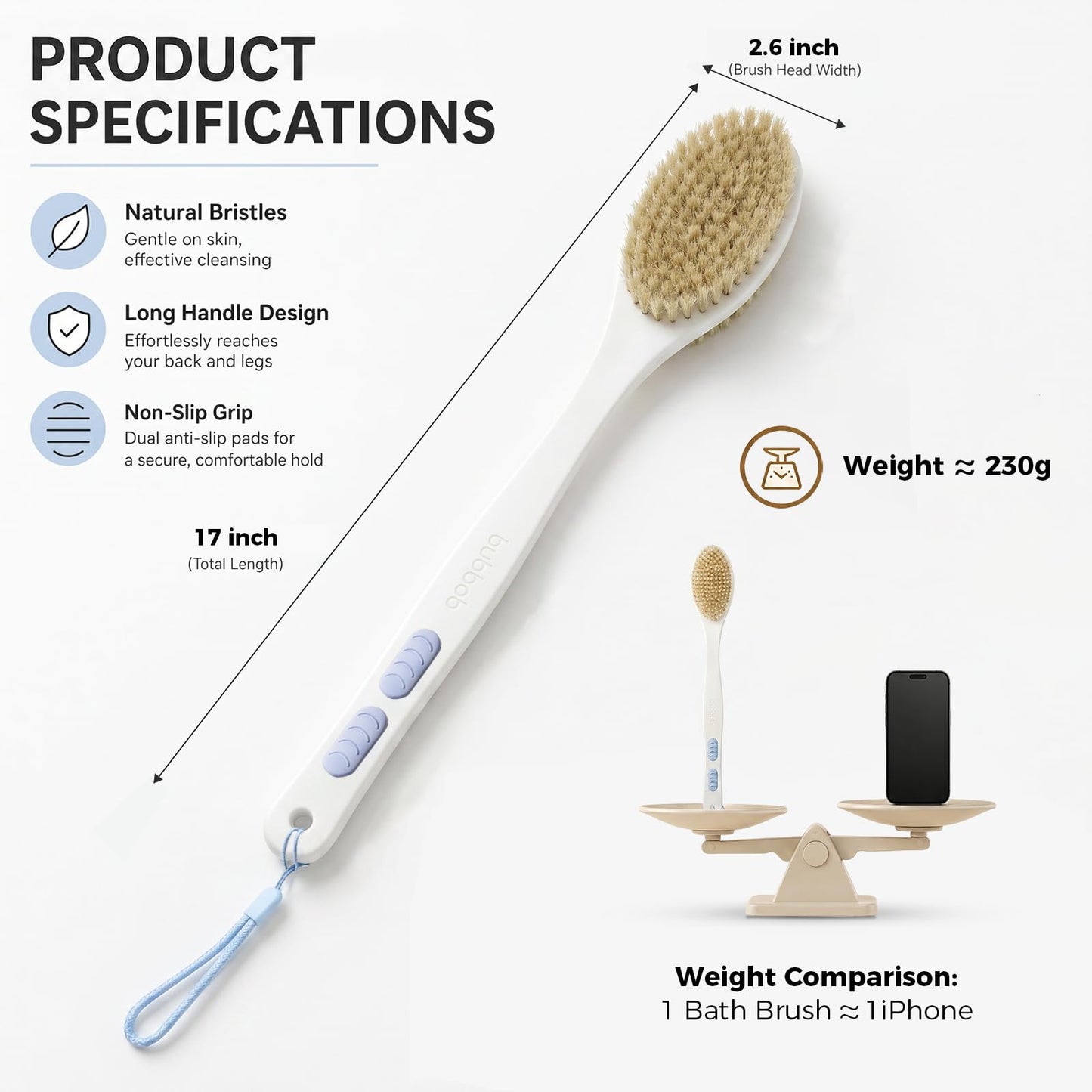 Bubbob Back Scrubber for Shower with Long Handle, Blue
