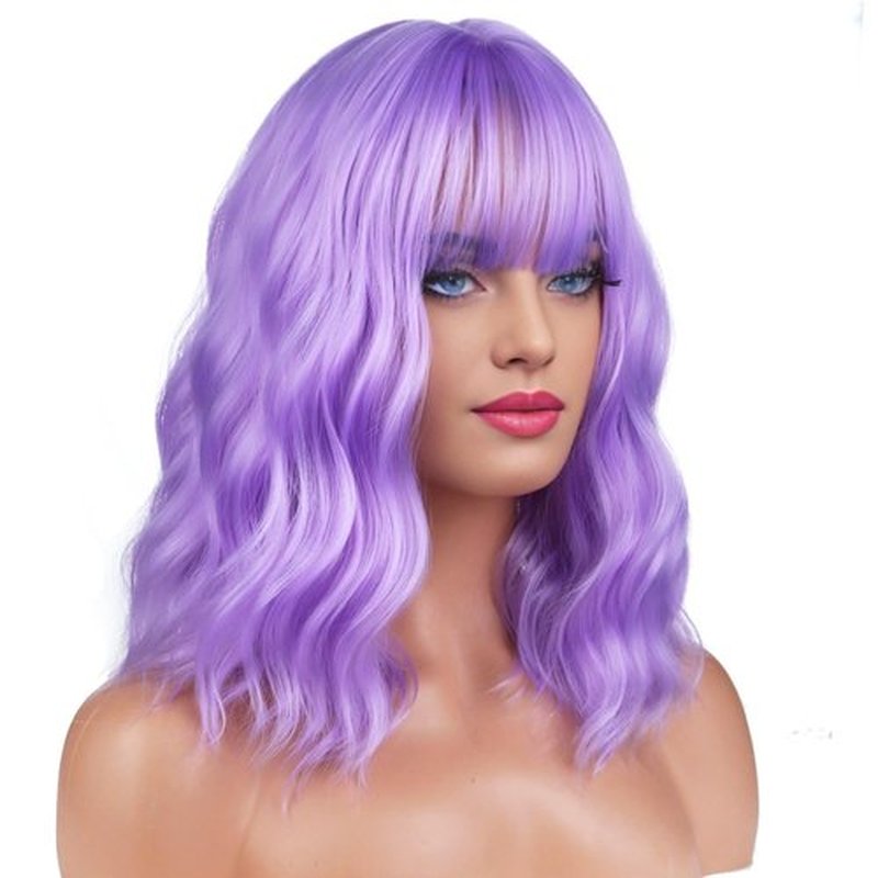 BERON 14 Inches Purple Wig Short Curly Wig Women Girl's Synthetic Wig Lavender Purple Wig with Bangs Wig Cap Included