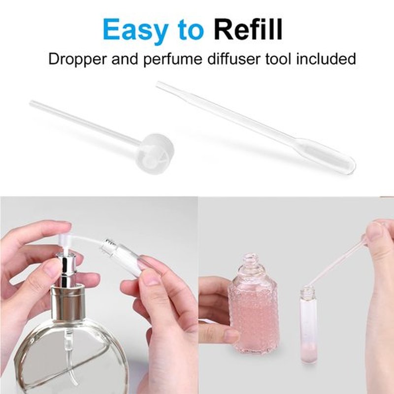 Zingso Portable Mini Refillable Perfume Bottle, 2 Pcs Travel Size Perfume Atomizer Empty Spray Bottle Scent Pump Case for Outdoor and Traveling with Funnel and Perfume Diffuser (10ml (Pink+Silver))