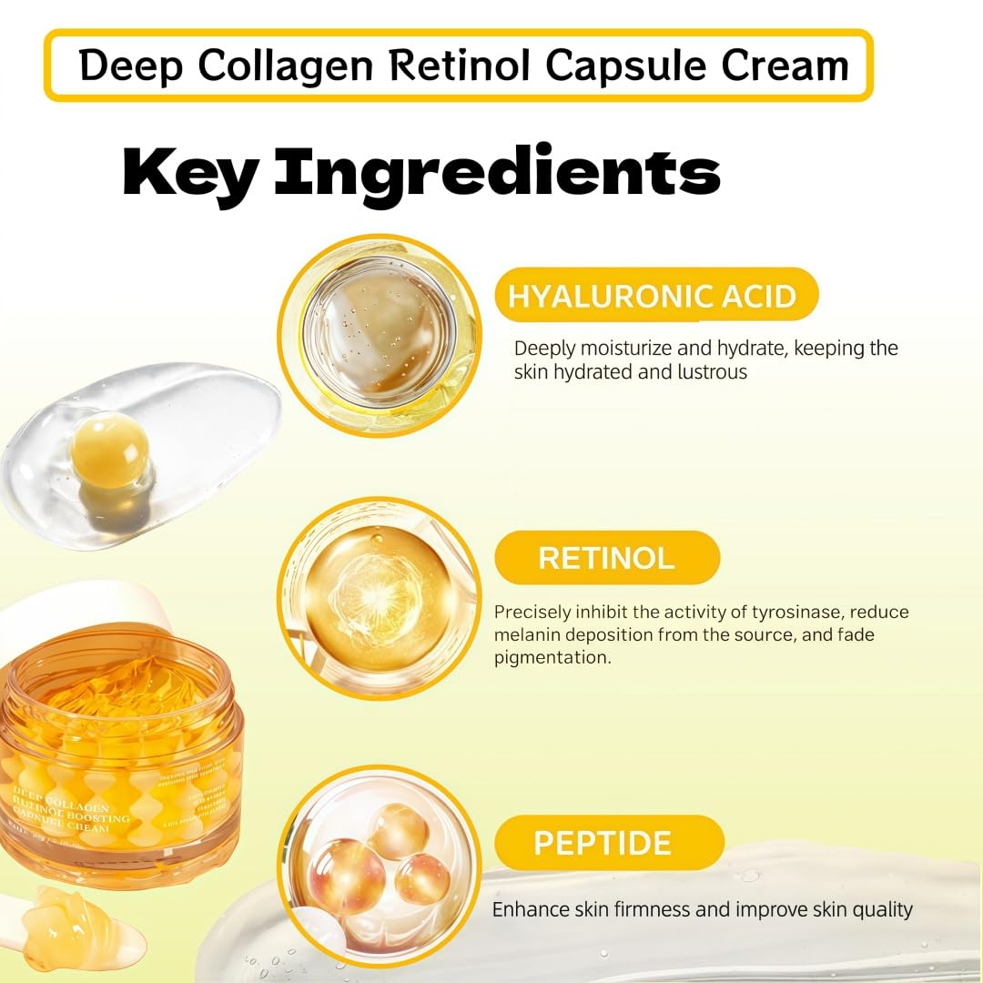 Deep Collagen Retinol Capsule Cream, 1.76 fl.oz - Golden Face & Neck Moisturizer with Hyaluronic Acid, Firming Hydrating Smoothing for All Skin Types