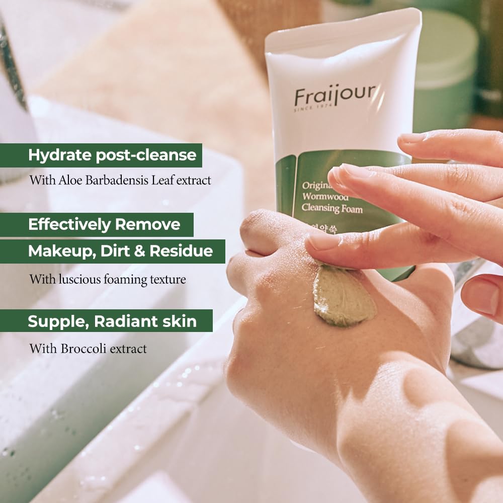Fraijour Herb Wormwood Cleansing Foam – Korean Micro-Foam Face Wash, Deep Pore Cleanser for Dull, Oily & Acne-Prone Skin, Papaya & Witch Hazel, Gentle Exfoliation, Non-Stripping, 5.07 fl.oz.