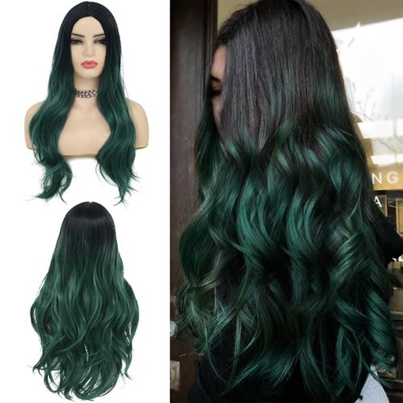 Swiking Long Green Wigs for Women Curly Wave Natural Ombre Green Synthetic Fibre Soft Hair Wigs for Party Cosplay Halloween (Ombre Green)