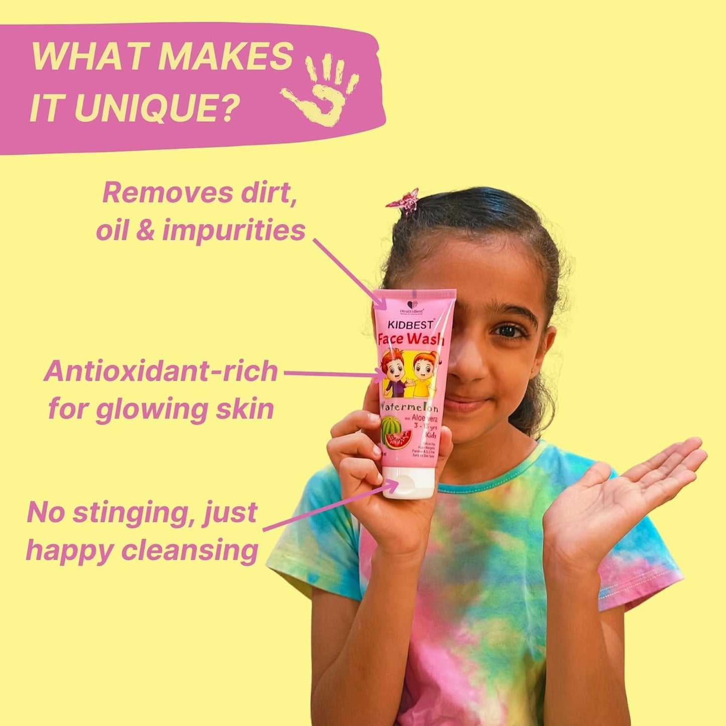 HealthBest Kids Tear-Free Daily Face Wash – Multivitamin-Enriched Skincare with Organic Watermelon – Safe, Gentle, and Fun for Sensitive Skin | Skincare for Kids| Trusted by Parents | 100ml,Pack of 1