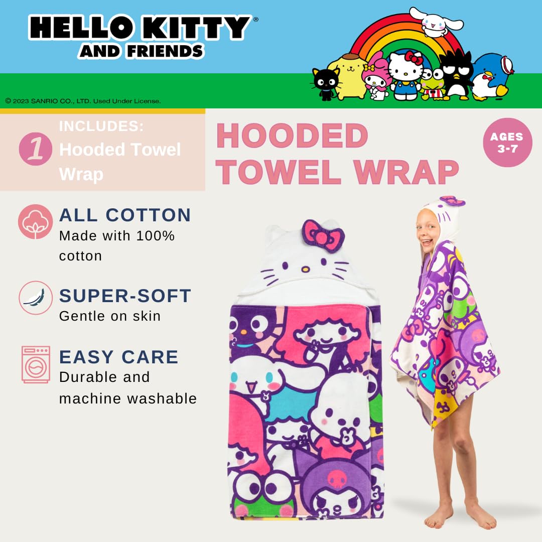 Hello Kitty & Friends Kids Super Soft Bath/Pool/Beach Soft Cotton Terry Hooded Towel Wrap, 24 in x 50 in, (Officially Licensed Product) By Franco