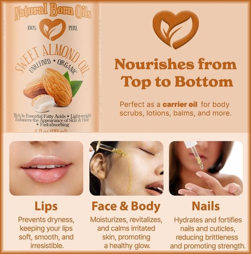 Natural Born Oils Sweet Almond Oil, 8oz, Organic, Cold-Pressed, Rich in Fatty Acids, Ideal for Moisturizing Skin, Strengthening Hair