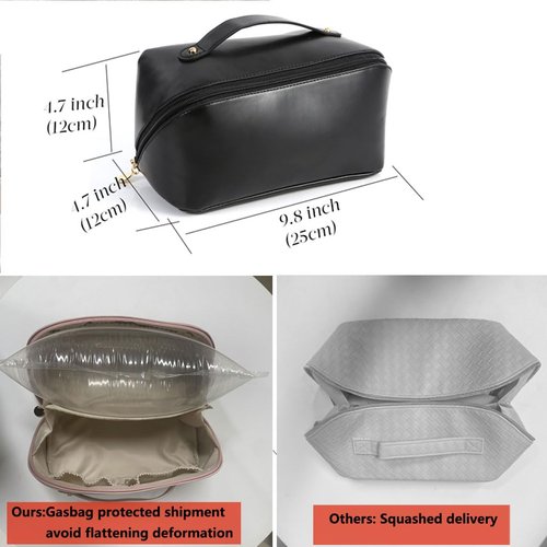 MINGRI Large Capacity Travel Cosmetic Bag for Women,Portable PU Leather Makeup Bag Water Resistant,Flat Open Multifunctional Storage Travel Toiletry Bag with Divider and Handle (Black)