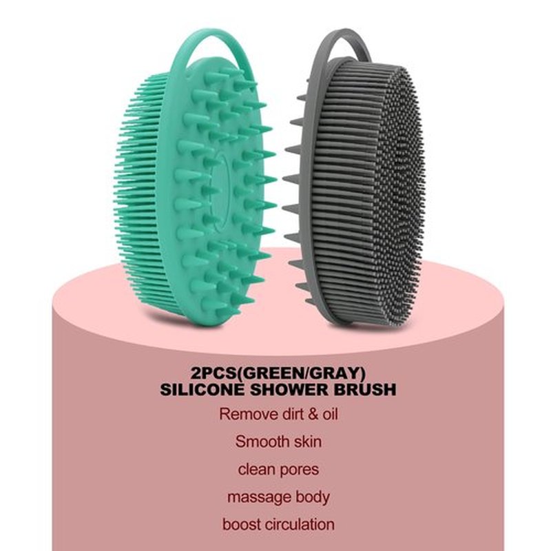 2 Pack Silicone Body Scrubber, Silicone Loofah Double-Sided Body Brush,Silicone Shower Scrubber and Scalp Massager Shampoo Brush for Sensitive Kids Women Men All Kinds of Skin (Green & Gray)