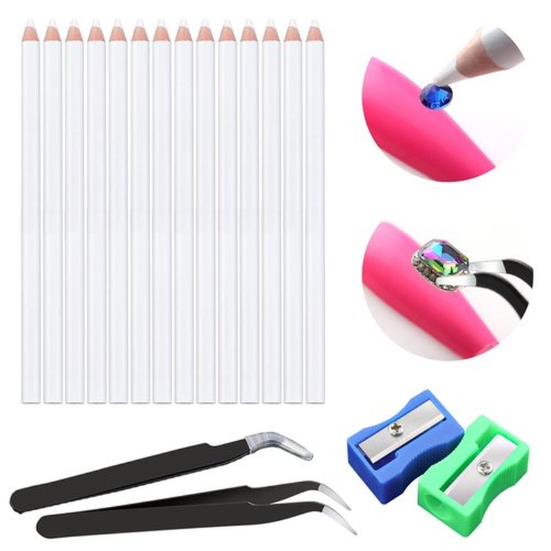 Rhinestones Picker Pencil for Nail Art Gem Crystal Pick up Tool 7-inch Rhinestone Pickup Pen 14Pcs with Pencil Sharpener 2Pcs + Tweezers 2Pcs