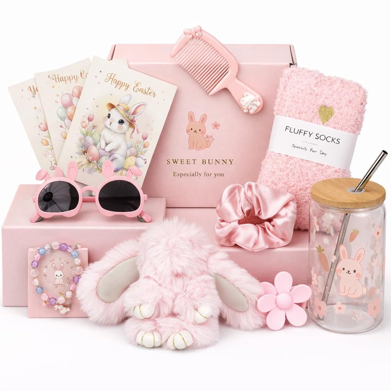 Easter Gifts for Teen Girls, Bunny Gift Basket with Tumbler, Socks, Scrunchie, Bracelet, Sunglasses & Plush Bunny, Cute Pink Gift Box Self Care Gift Set