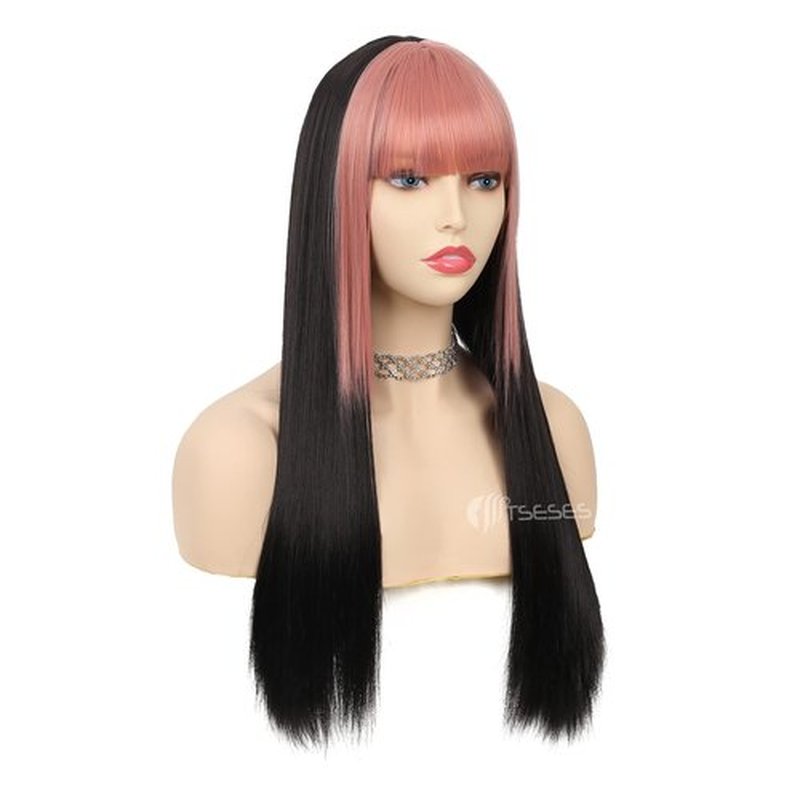 Tseses Pink and Black Long Straight Wigs with Bangs for Women Two Tone Synthetic Wig for Daily Cosplay Halloween Party Use