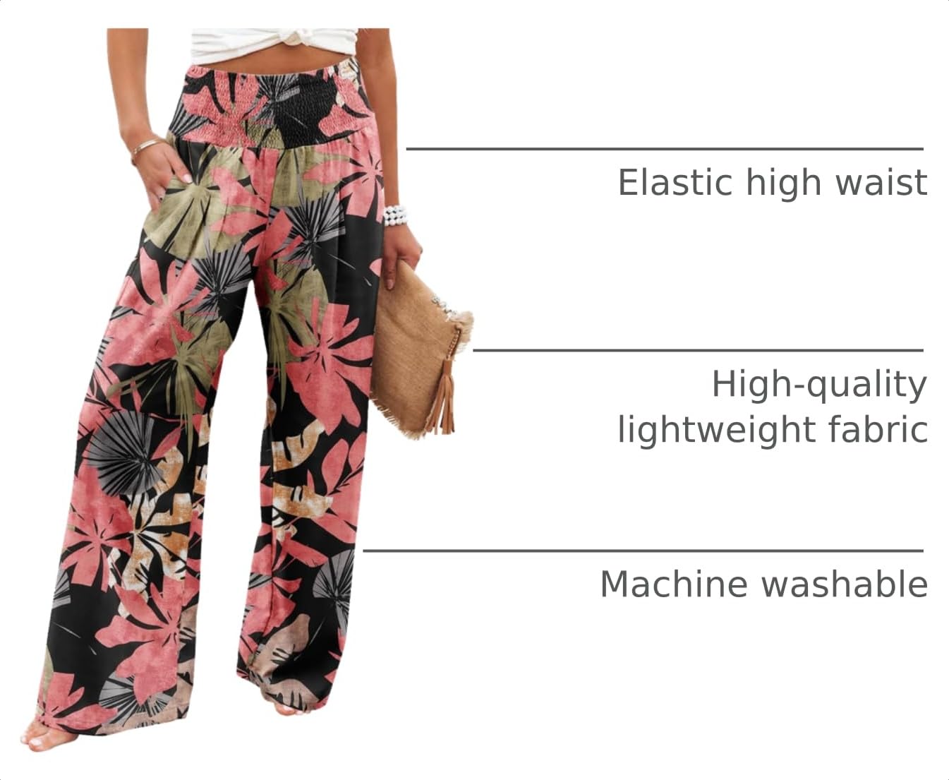 Angerella Womens Smocked Elastic Waisted Palazzo Pants Casual Wide Leg Floral Printed Long Lounge Pant Trousers with Pocket BlackCoral M