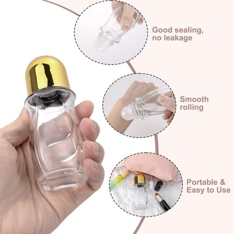 Kesell 2Pcs 50 ml Clear Roll On Bottles Roller Ball Deodorant Container with 1pcs Opener Empty Glass Roller Bottles Refillable Deodorant Container with Essential Oil Rollerball (Gold Cap)