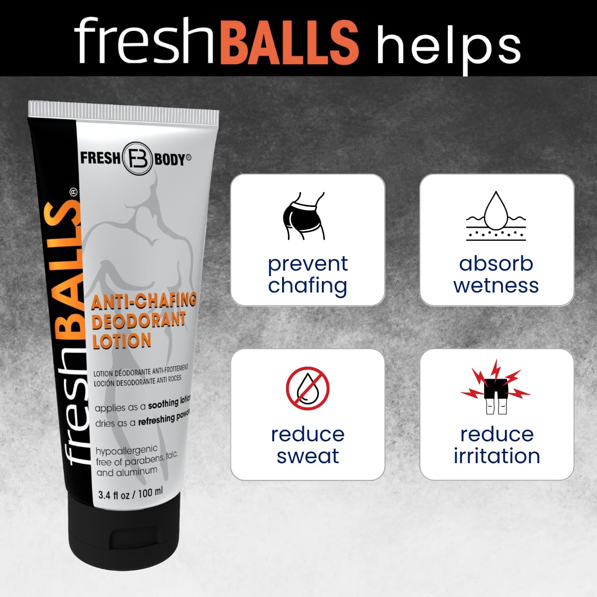 Fresh Breasts + Fresh Balls Anti-Chafing Cream, Deodorant Lotion to Powder for Men & Women, Anti-Friction Cream - Talc Free, Aluminum Free, 3.4 fl oz