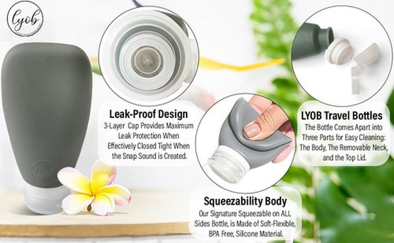 LYOB Travel Bottles for Toiletries, TSA Approved 3oz Leak Proof Silicone Soft Refillable Squeeze Travel Size Containers BPA Free for Cleansers, Lotions, Shampoo, Conditioner 4pk (2Black-2Gray)