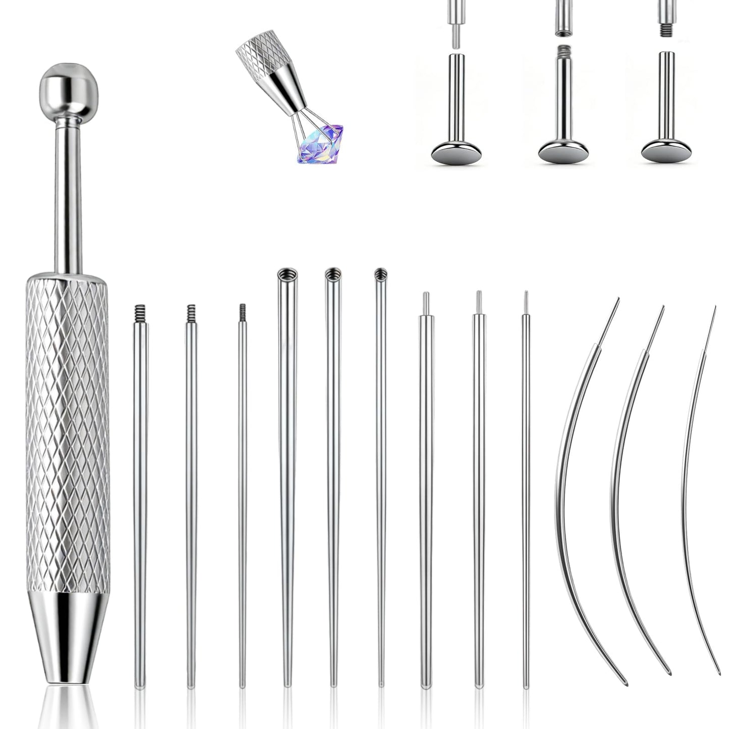 Piercing Taper Ball Grabber Tool for Changing Jewelry - 14G 16G 18G 20G Stainless Steel Flat Back Earring Applicator Tool Piercing Kit for Ear/Nose/Eyebrow/Tongue/Navel/Nipple/Lip (Set Thread + Threadless (14G 16G 18G) + Ball Grabber Tool)