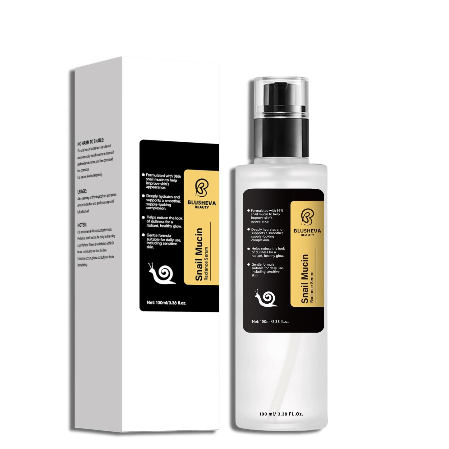 Blusheva Beauty Snail Mucin Radiance Serum 96% Snail Filtrate Hydrating & Anti-Aging Face Serum for Fine Lines, Dark Spots & Smooth Skin 100ml