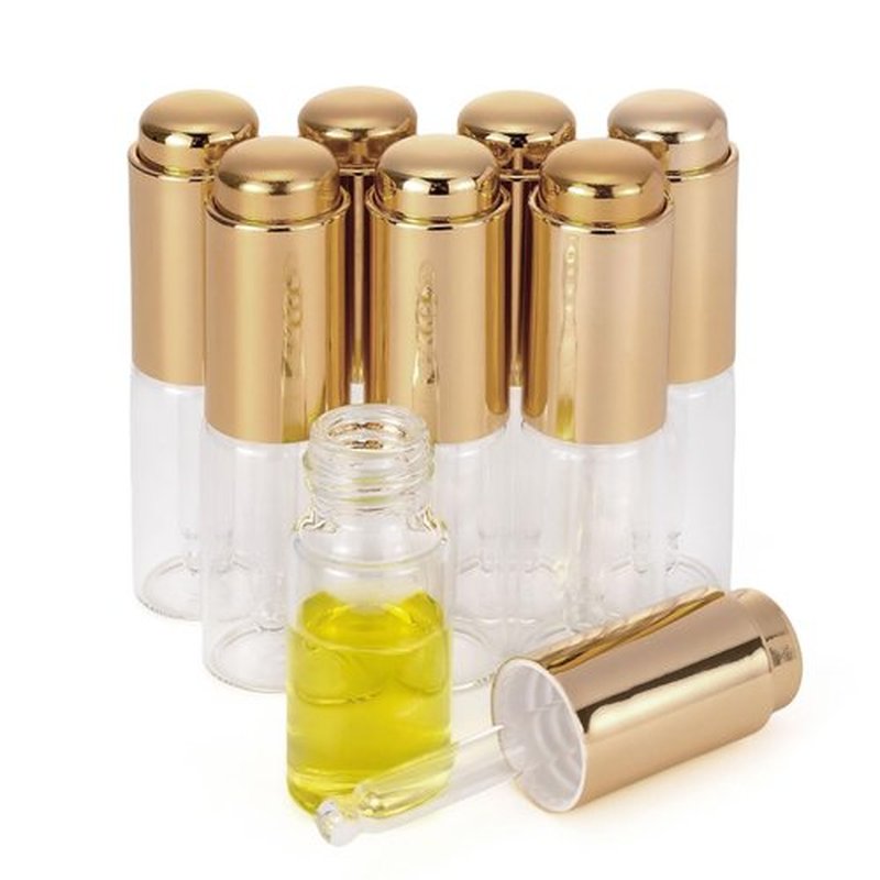 Ellbest 8Pcs 10ml Clear Press Dropper Bottles, Empty Refillable Essential Oil Bottles Container Perfume Cosmetic Bottle Travel Pressing Dropper Bottle, Gold Cap