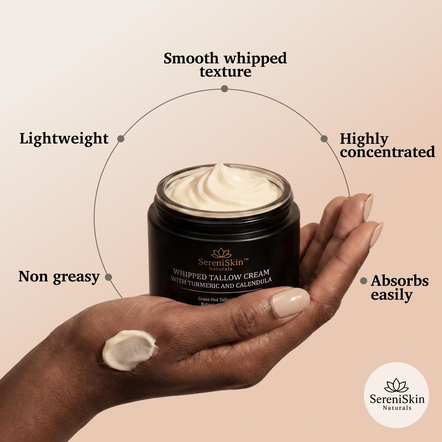 SereniSkin Grass-Fed Beef Tallow for Face & Skin - Deep, Long-Lasting Hydration & Skin Barrier - Whipped Organic Face Moisturizer & Body Cream for Dry, Sensitive Skin - Non-Greasy, Fragrance-Free, 4oz