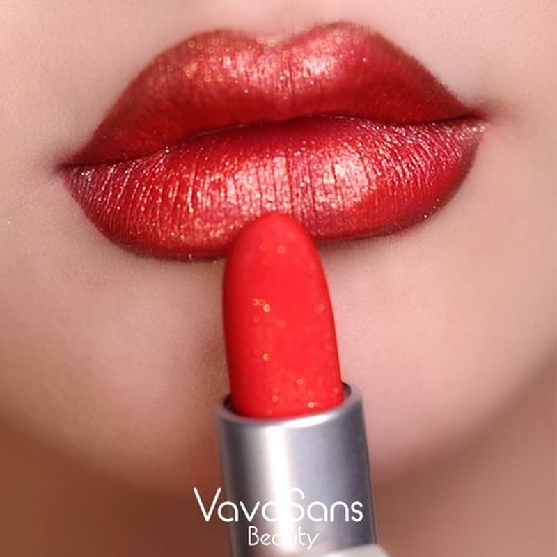 VavaSans Vegan Glitter Lipstick Cherry Plum Shimmer Metallic Sparkling Classic Red Shade Long Lasting Waterproof Non-Sticky Formula Diamond Shiny Highly Pigmented Lip Stick for Women