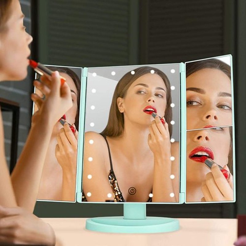 Flymiro Tri-fold Lighted Vanity Makeup Mirror with 3x/2x/1x Magnification, 21 LLED Light and Touch Screen,Dual Power Supply, Portable LED Makeup Mirror, Travel,Women Gift (Green)