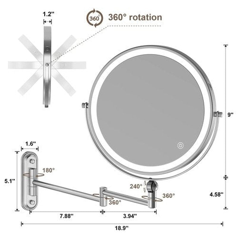9" Wall Mounted Makeup Lighted Mirror, 4000mAh Rechargeable Double Sided LED Vanity Mirror with Height Adjustable&1X/10X Magnification, 3 Color Lights Bathroom Mirror