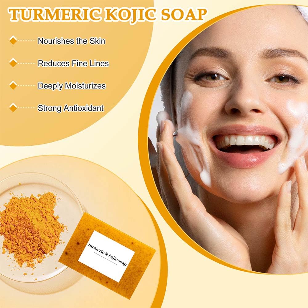 COLOTTE Lemon Turmeric Kojic Soap,Natural Handmade Soap,Turmeric Soap Bar for Face and Body, Smooth Skin Tumeric Soaps,Deep Cleansing Soap for Men & Women (3)