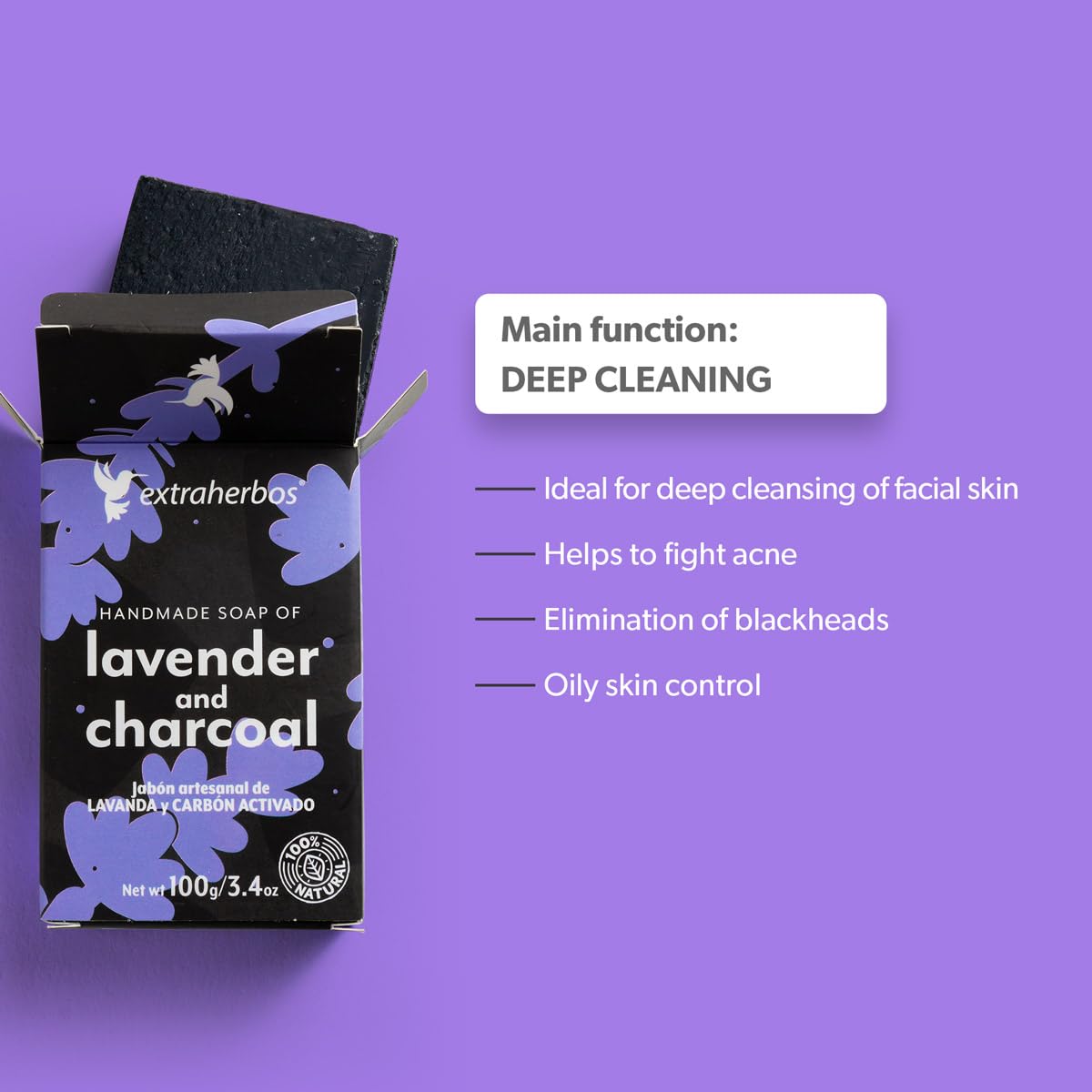 Extraherbos Activated Charcoal & Lavender Soap Bar - Handmade in Mexico - Deep Facial Cleanser for Oily Skin, Acne & Blackheads - Vegan, Cruelty Free 100g/3.4oz