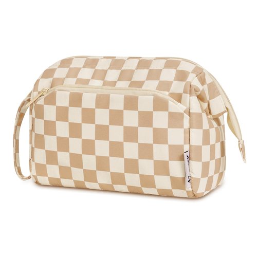 Narwey Large Checkered Makeup Bag Women Wide-open Make up Bag Travel Cosmetic Bag Organizer Toiletry Bag for Cosmetics Toiletries Accessories (Light Checkerboard)