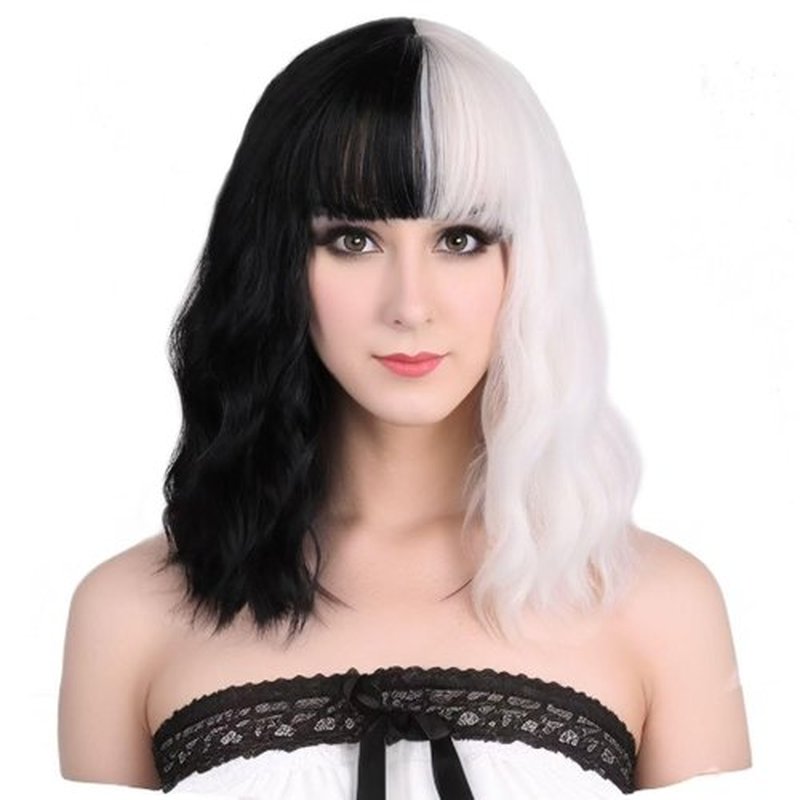 incohair Short Curly Black and White Wigs with Bangs Women's Natural Wavy Synthetic Hair Wigs for Halloween Cosplay Party…