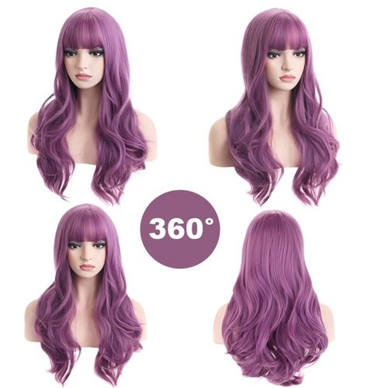 BERON 26 Inches Purple Wig Long Wavy Wig with Bangs Synthetic Wig Long Wig Lavender Purple Wigs for Cosplay Costume Party with Wig Cap