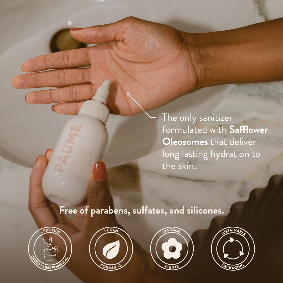 PAUME Sanitize On The Go Duo, 3 oz Moisturizing Antibacterial Hand Gel and Voyager Vegan-Leather Pouch, Refillable, Travel Essentials Set, Moisturizing, No Artificial Fragrances