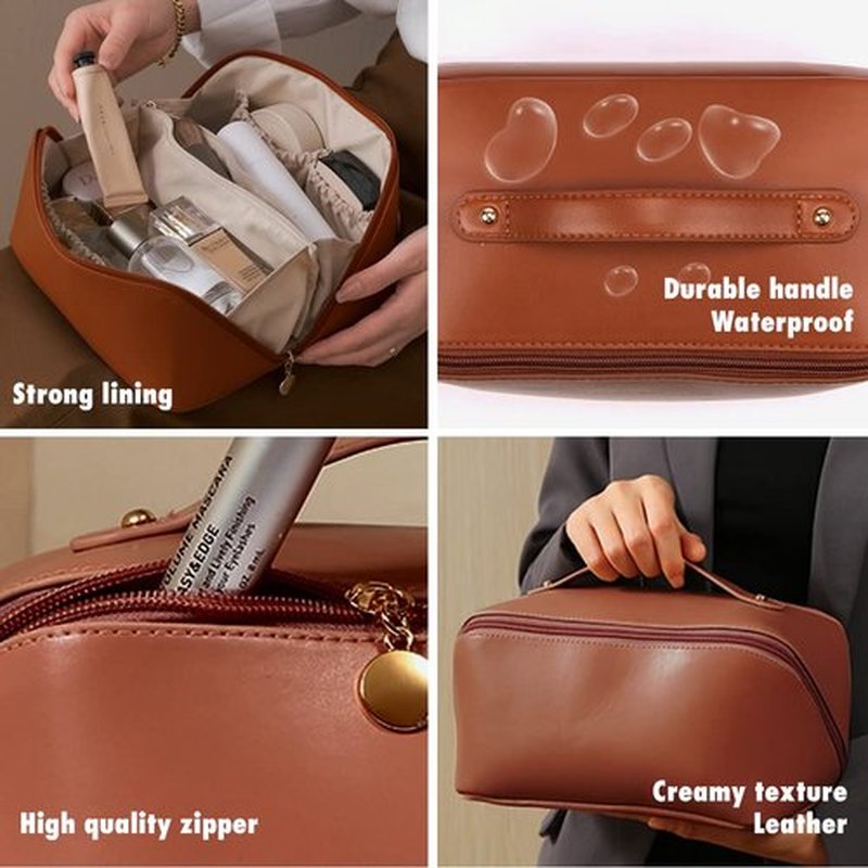 MINGRI Large Capacity Travel Cosmetic Bag for Women,Portable PU Leather Makeup Bag Water Resistant,Flat Open Multifunctional Storage Travel Toiletry Bag with Divider and Handle (Mocha Brown)