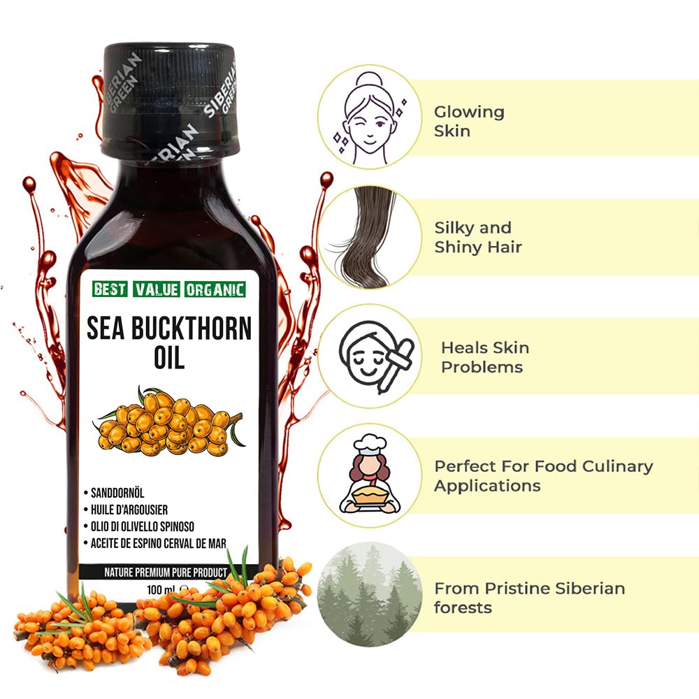 Siberian Sea Buckthorn Oil 100 Ml, Non-GMO, Unrefined, First Cold Pressed, Raw, Natural - 3.4 Fl Oz from wild harvested berries and seeds