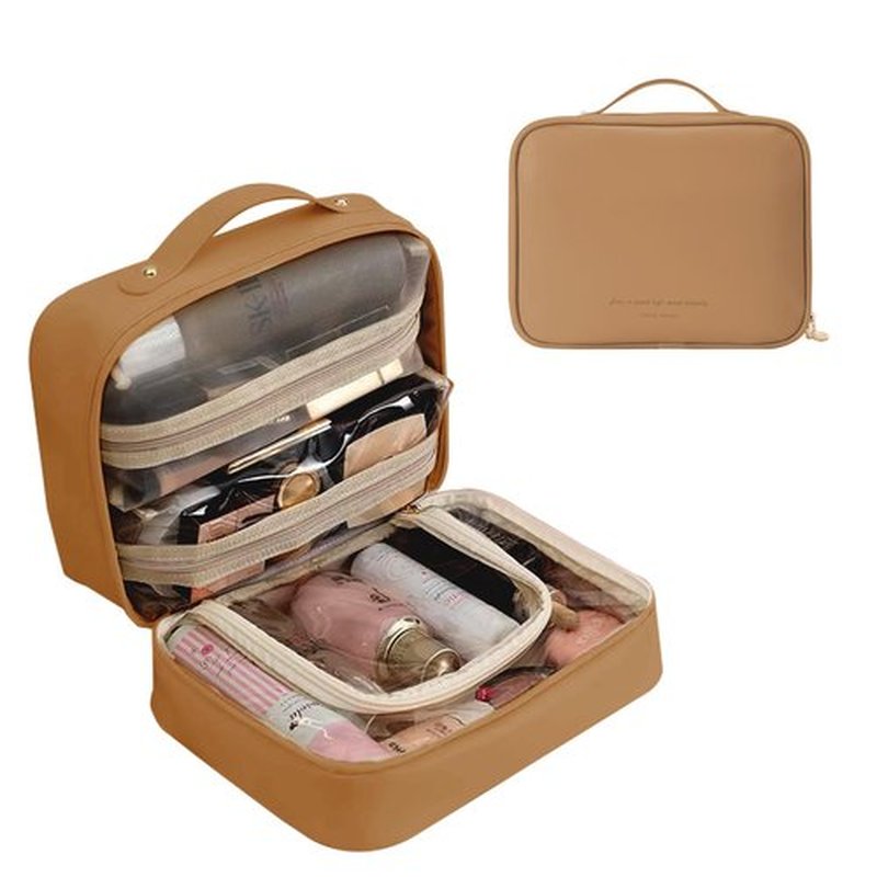 Doblopup Multi Compartment Toiletry Cosmetic Bag, PU Large makeup bag with compartments, Set Patient Multi Compartment Toiletry Cosmetic Bag For Women Girls Travel makeup bag with compartments (brown)