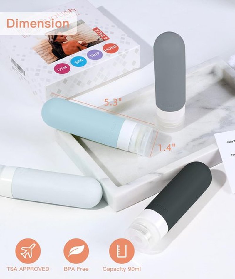 Quatish Travel Bottles for Toiletries【Original Patented】, 3 oz Tsa Approved Leak Proof Travel Size Containers, Silicone Shampoo and Conditioner Bottles, 4 Pack Travel Size Bottles, Grey