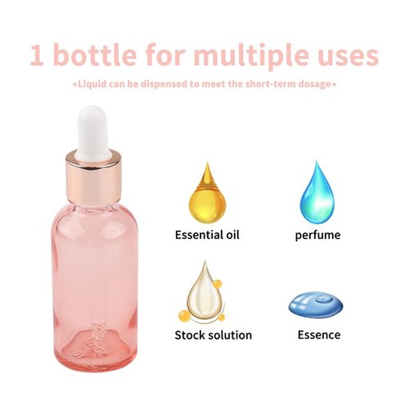 Kesell 8 Pack 30ml Pink Dropper Bottles, 1 oz Empty Refillable Glass Sample Vials for Essential Oils DIY Perfume Container, With Rose-Gold Cap And 3 Funnel