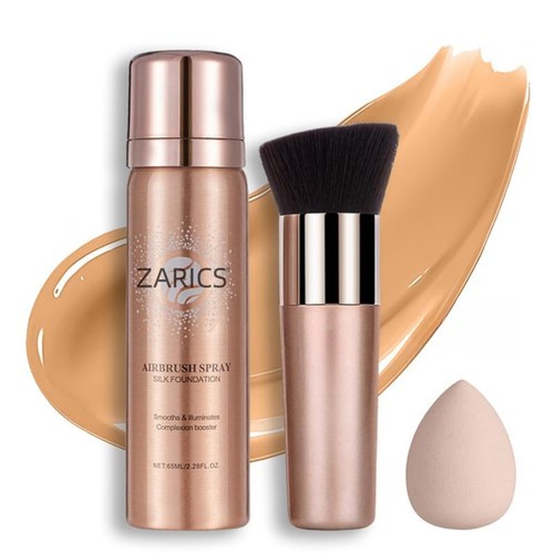 Silk Airbrush Foundation Spray with Buffing Brush, Buildable Coverage, Long Lasting Waterproof, Medium, Airbrush Makeup Foundation for Smooth Radiant Skin, Concealer (Warm, 2.28 Fl Oz)
