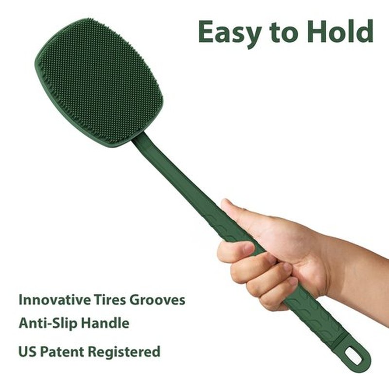 iTokGoK® All New Premium Silicone Back Scrubber with Tire Anti-Slip Long Handle for Shower, Gentle Exfoliating and Massage Brush Scrubber for Sensitive Skin for Men and Women (Midnight Green)