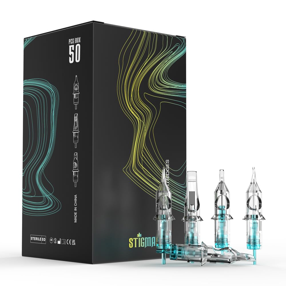 STIGMA Aquamarine Knight Tattoo Cartridge Needles #12(15RM) 50Pcs 0.35mm Standard Disposable Tattoo Needles Cartridges with Membrane Curved/Round Magnum EN02B-50-OF1215RM
