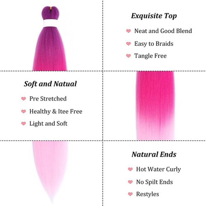 Ombre Braiding Hair Pre Stretched Purple Pink Braiding Hair Ombre Colored Hair Extensions for Braiding Micro Box Braids Knotless Yaki Ombre Kanekalo Prestretched Braiding Hair 24 Inch Folded 3 Packs