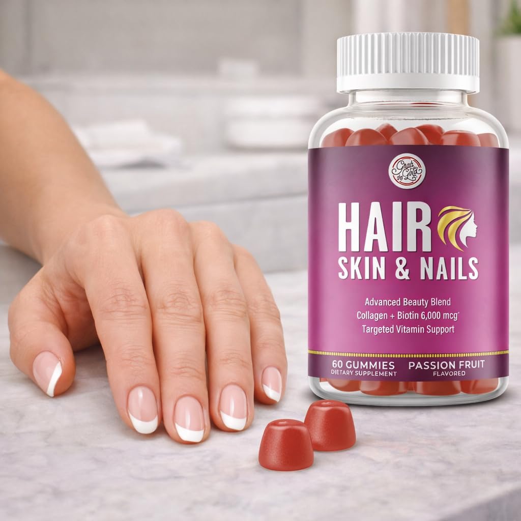 Grab The Gold Hair Skin & Nails Vitamins for Women | Gummies with 6000mcg Biotin & Collagen | 10 Essential Vitamin & Minerals | Gluten-Free, Non-GMO, Passion Fruit Flavor | 1 Month Supply, Made in USA