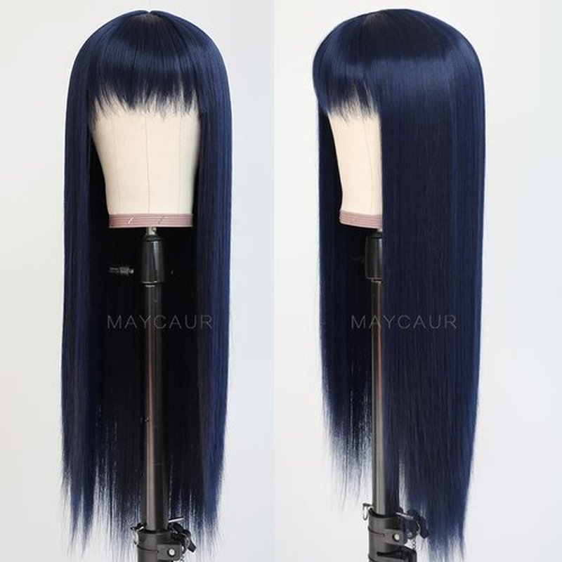 Maycaur Blue Synthetic Hair Wigs with Full Bangs Long Straight Women's Wig Heat Resistant Synthetic No Lace Wigs for Fashion Women