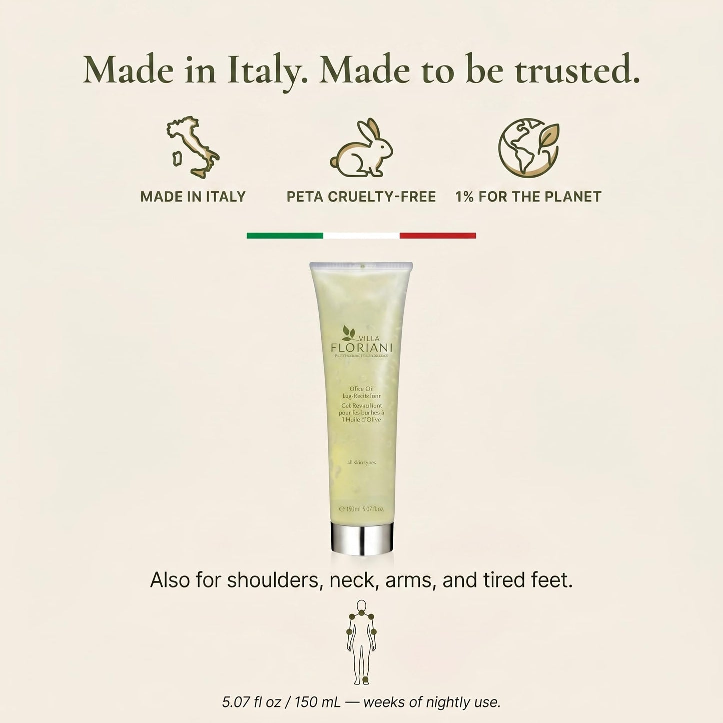 Villa Floriani Olive Oil Leg Revitalizer | Revives, Tones And Refreshes Tired Legs | Leg treatment | Natural Skincare | Rediscovering Natural Beauty, 5.07 fl. oz.