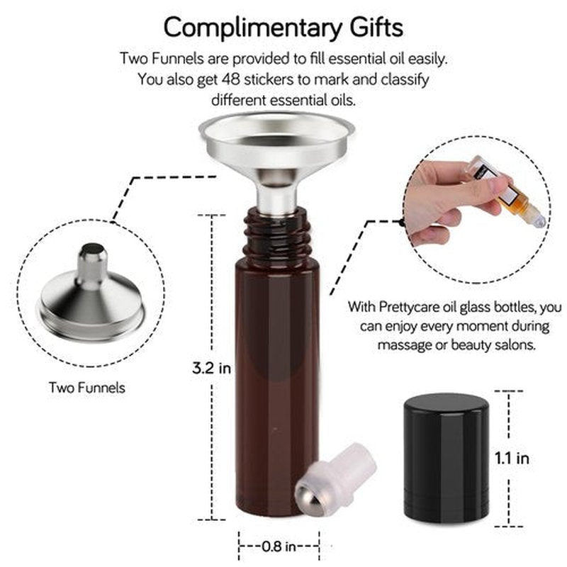 PrettyCare Roller Bottles For Oils 10 ml (Amber Glass, 6 Pack, 1 Extra Stainless Steel Balls, 12 Labels, 1 Opener, 1 Funnels Essential Oil Roller Bottles, Roller on Bottles