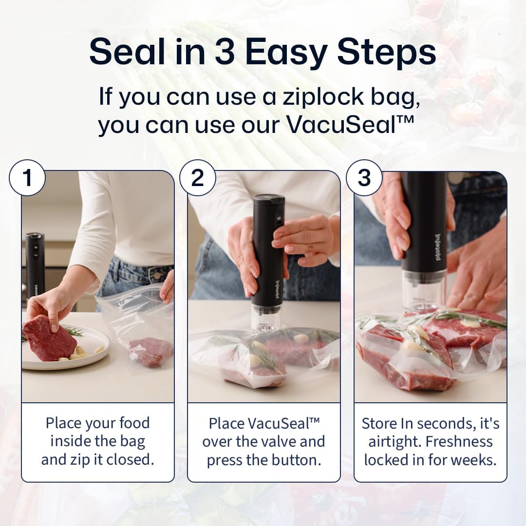 VacuSeal Handheld Vacuum Sealer for Food (15 Bags Included) - Rechargeable, Portable Cordless Food Vacuum Bag Sealer Machine, One-Touch, Compact Mini Seal for Storage, Sous Vide & Freezer Preservation