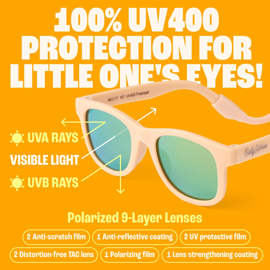 BABY SUNNIES Polarized Baby Sunglasses with Strap - 2 Pairs, Peach & Black - Unbreakable Flexible Infant Sunglasses - Toddlers & Newborns 0-24 Months - Baby Beach Essentials - Infant Travel Essentials