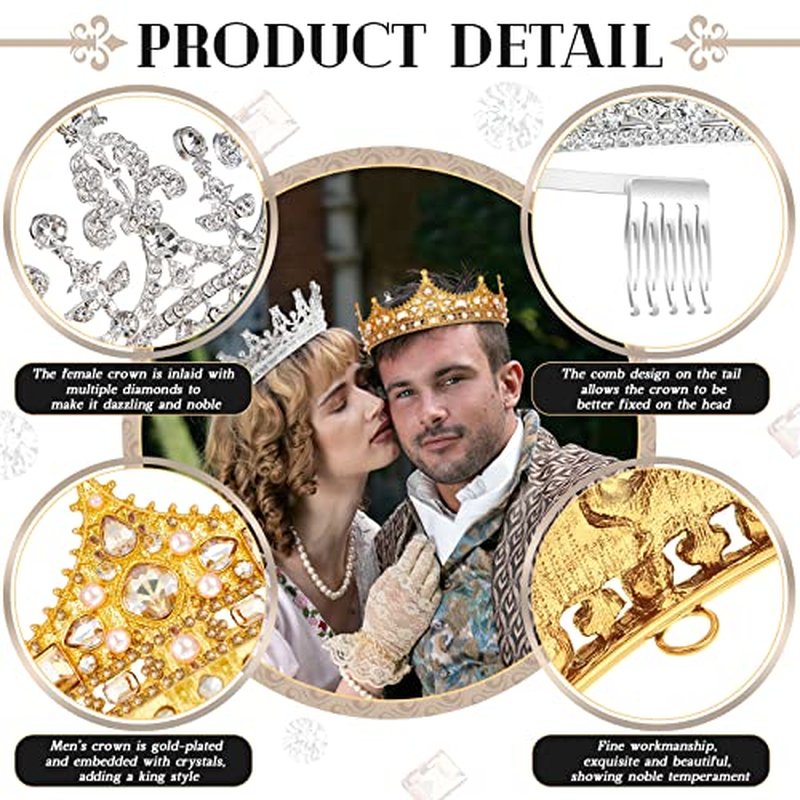 Juexica 2 Pcs Crowns King and Queen Wedding Crown and Tiaras for Women Men Princess Vintage Headband Birthday Crown Bridal(Gold, Silver)