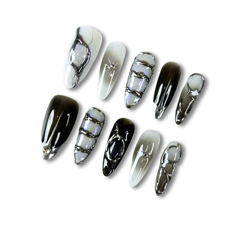 Yabonica Handmade Metallic Press On Nail Almond-Y2k Press On Nail Medium Long False Nail-Glue On Nail Charm Design-Reusable Stick On Nail for Woman,10pcs White&Black Acrylic Fake Nail Art(040, L)
